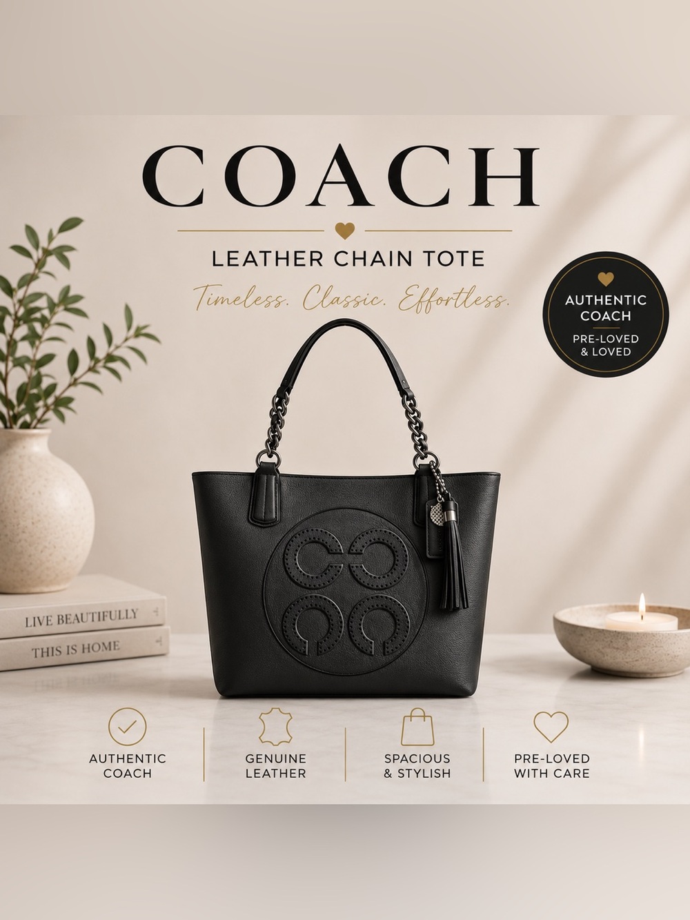 Coach Colette Tote Black Leather Chain Shoulder Bag Large Signature Logo